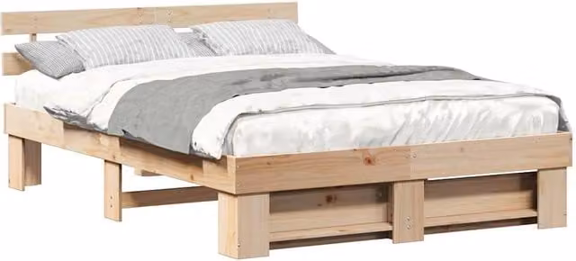 Berkfield Home Traditional Bed with Headboard in Brown Solid Pine Wood, W/D/H: 140 x 200 x 73 cm