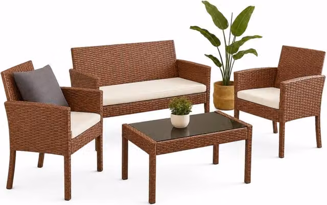 Home Republic Brown Rattan and Metal 4-Piece Patio Furniture Set with Glass Table for Garden or Terrace – 1