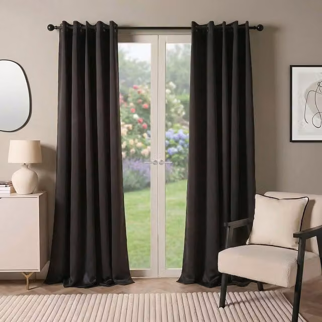 OHS Pair of Thermal Ready Made Eyelet Blackout Curtains in Black, Width: 167 cm, Drop: 137 cm – 1