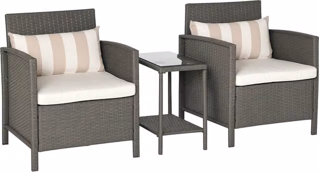 Outsunny 3 Piece Waterproof Rattan Garden Bistro Set with Cushions in Grey and Beige