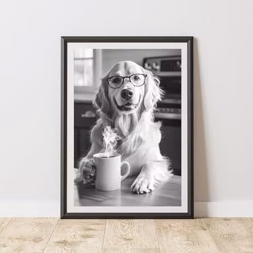60 Second Makeover Funny Golden Retriever Drinking Coffee Paper Print, A4, Multicolour