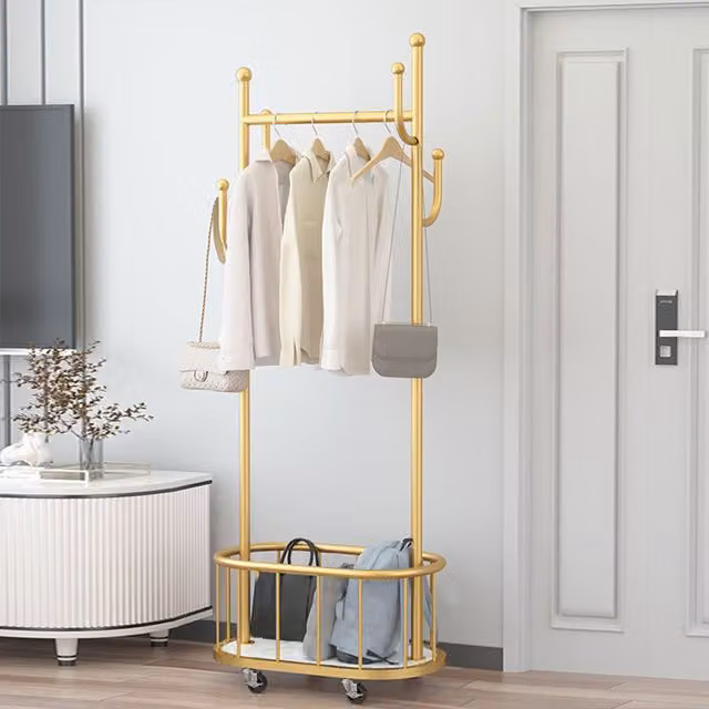 Livingandhome Luxury Gold Metal Garment Coat Rack with Hanging Rail, 4 Hooks and Casters