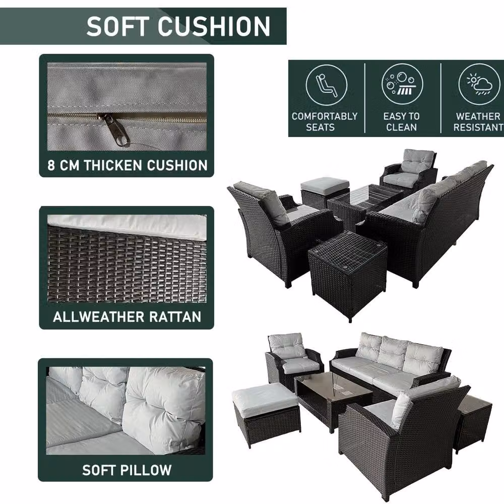 FURNITURE ONE 6 Piece Grey Rattan Garden Furniture Set with Upholstered Cushions for 6 People – 4