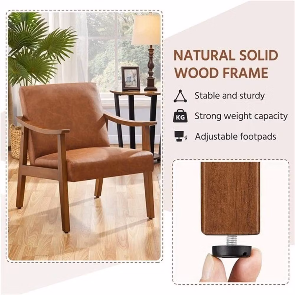 Kelvenix Mid-Century Faux Leather Armchair in Brown with Solid Wood Legs – 5