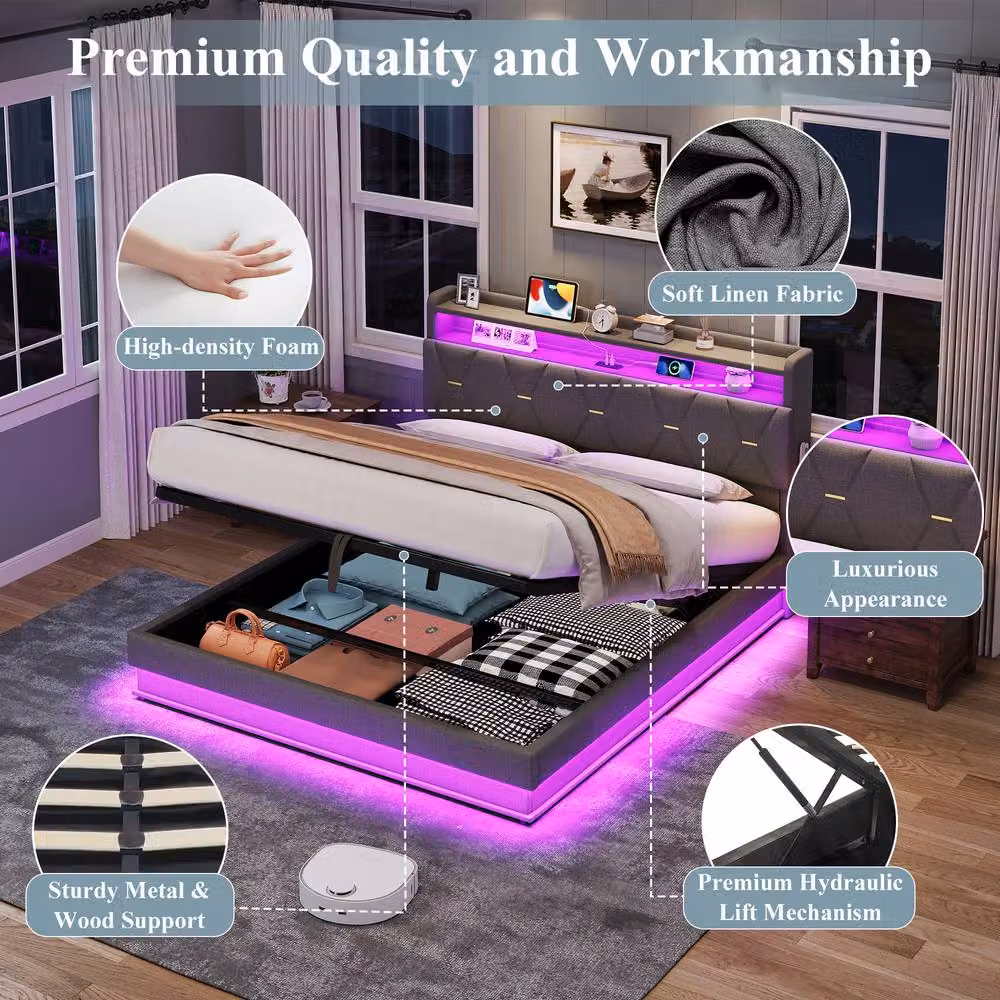 BTM Grey Fabric Upholstered Double Bed with Hydraulic Storage, LED Lighting and USB Charging Headboard, W/D/H: 140 x 200 cm – 6