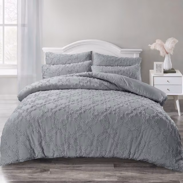 Intimates Shabby Chic Allover Tuft Microfibre Duvet Set with Pillowcase, Grey and White, W: 180 cm, L: 200 cm