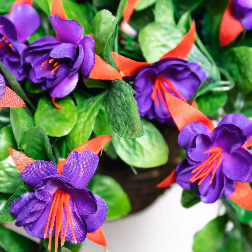 Primrose Pair of Artificial Purple Fuchsia Flowers in a Green Rattan Hanging Basket, Diameter: 25 cm – 2