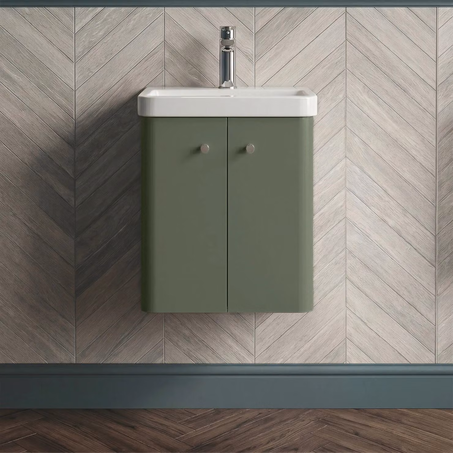 Balterley Modern Wall Hung 2 Door Bathroom Vanity Unit with Basin, Satin Green, W: 50.5 cm – 4