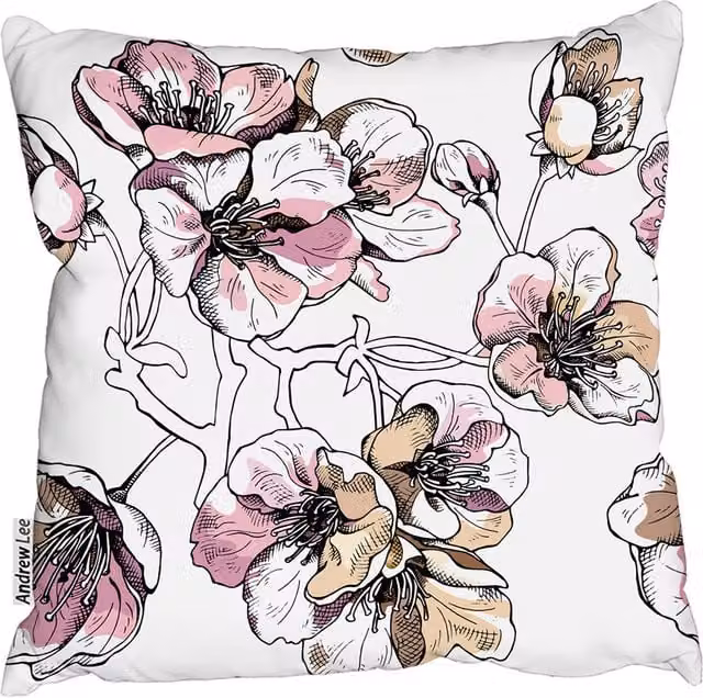 Andrew Lee Floral Illustration Square Cushion, Pink, W/D/H: 60 x 60 x 1 cm