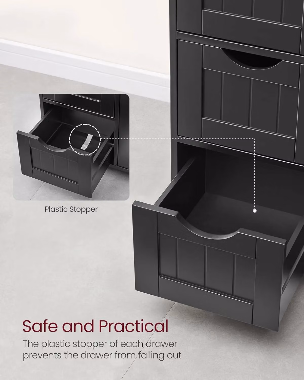 VASAGLE Black Minimalist Bathroom Floor Storage Cabinet with 4 Drawers and 1 Hinged Door – 6