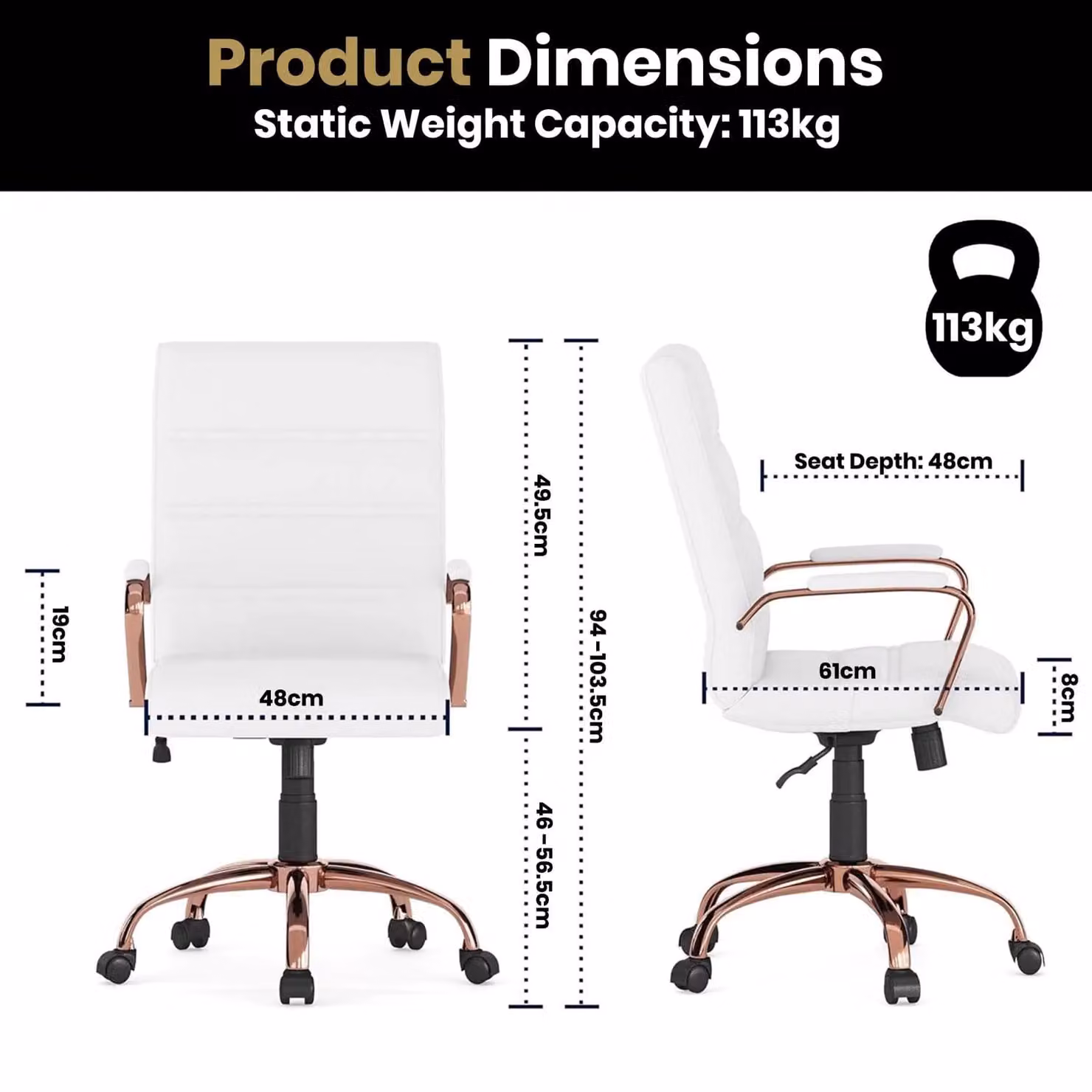 FWStyle White PU Leather Ergonomic Office Chair with Rose Gold Frame and Lumbar Support, W/D/H: 61.0 x 76.7 x 113.4 cm – 4