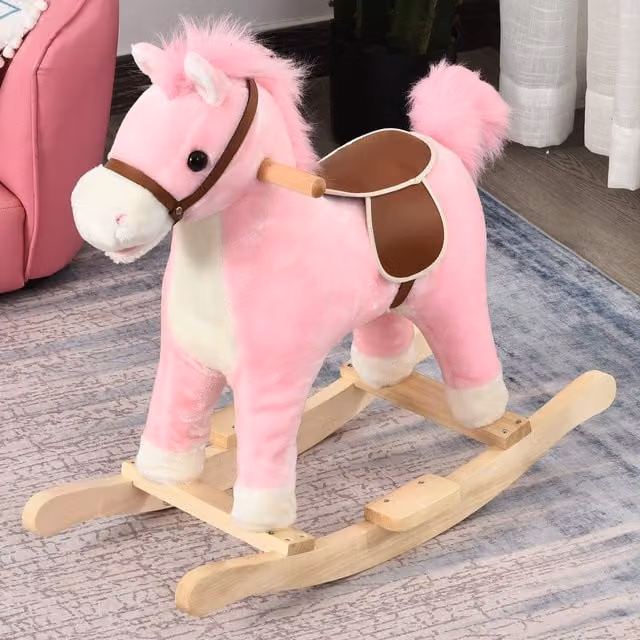 HOMCOM Interactive Pink Plush Rocking Horse with Sound and Sensory Features