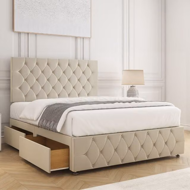 BSSPOKE Mulberry Velvet Divan Bed with 4 Drawers and Mattress in Cream, Small Double, W/D/H: 120 x 200 cm