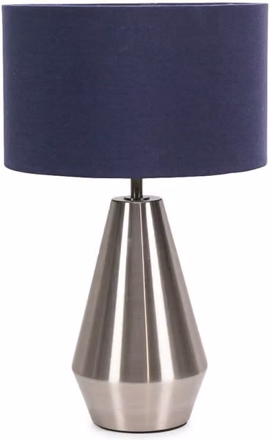 ValueLights Jax Dimmable Touch Table Lamp with Navy Blue Fabric Drum Shade and Brushed Chrome Metal Base
