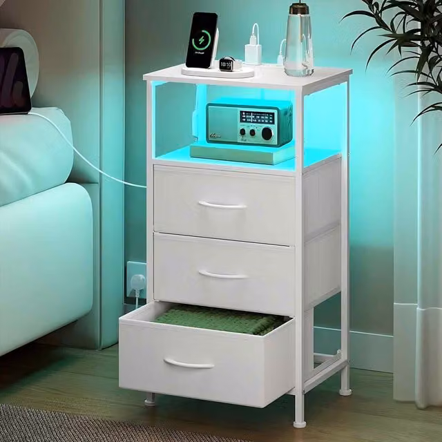 The Bazaarist Modern White LED Bedside Table with 3 Drawers and USB Charging Station