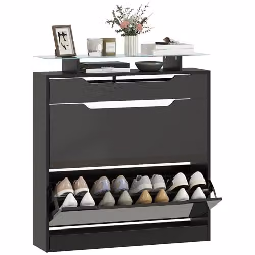 HOMCOM Modern Black Glossy Shoe Cabinet with Glass Top and Tilting Compartments – 1