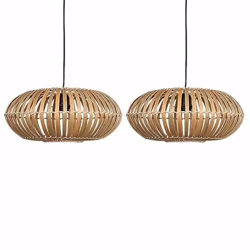 First Choice Lighting Loren Set of 2 Bamboo Natural Round Pendant Lightshades in Brown and Beige – 3
