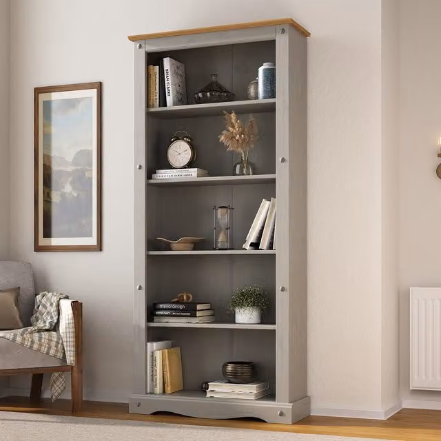 Mews Corona Tall Large Bookcase in Grey Rustic Waxed Wood