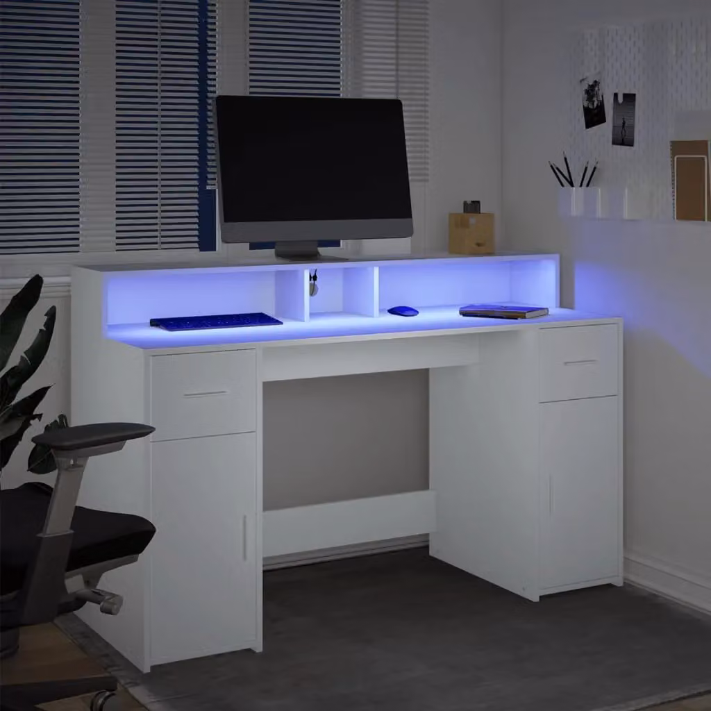 Berkfield White Gaming Desk with LED Lights, W/D/H: 140 x 55 x 91 cm – 3