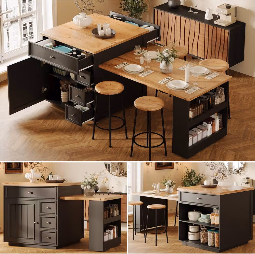 STILVORA Extendable Kitchen Island with Drawers in Black – 8