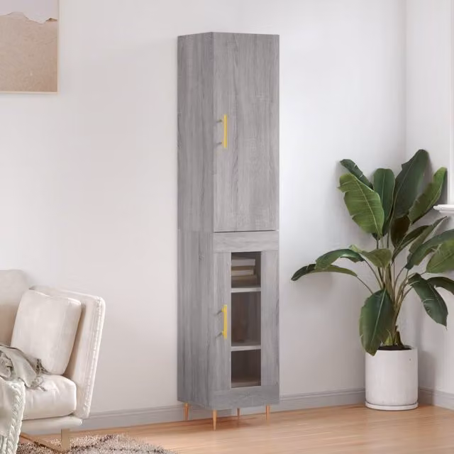 Berkfield Home Modern Grey Highboard with Hinged Doors and Internal Shelves, W/D/H: 34.5 x 34 x 180 cm