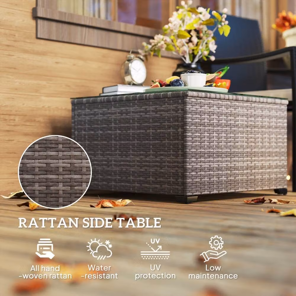 ERGOVEXA Modern Square Polyrattan Side Table with Glass Top, Grey, W/D/H: 62 x 62 x 38 cm – 6