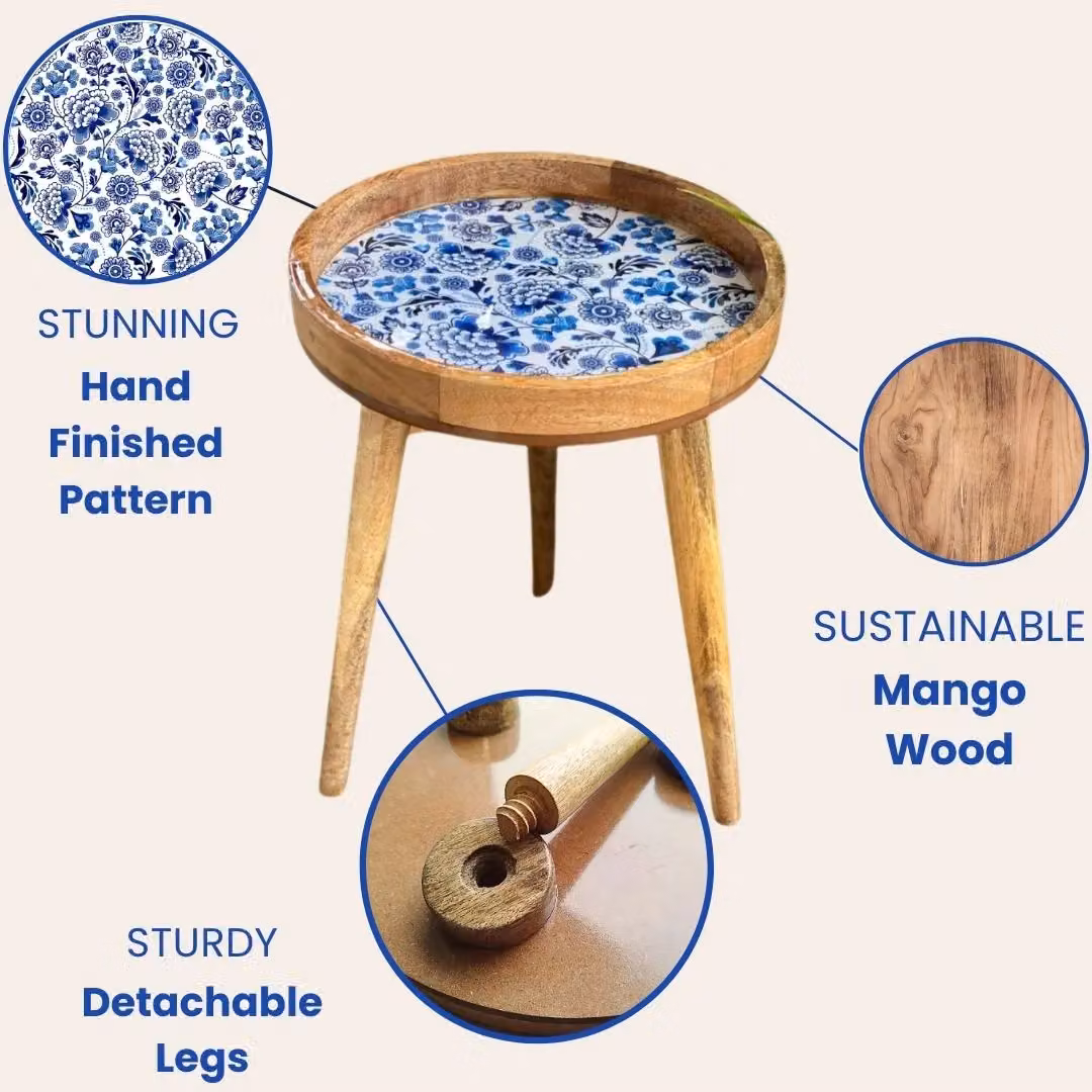 Hartsmede Mango Wood Round Side Table with Floral Enamel Resin Top in Beige, W/D/H: 36 x 36 x 47 cm – 6