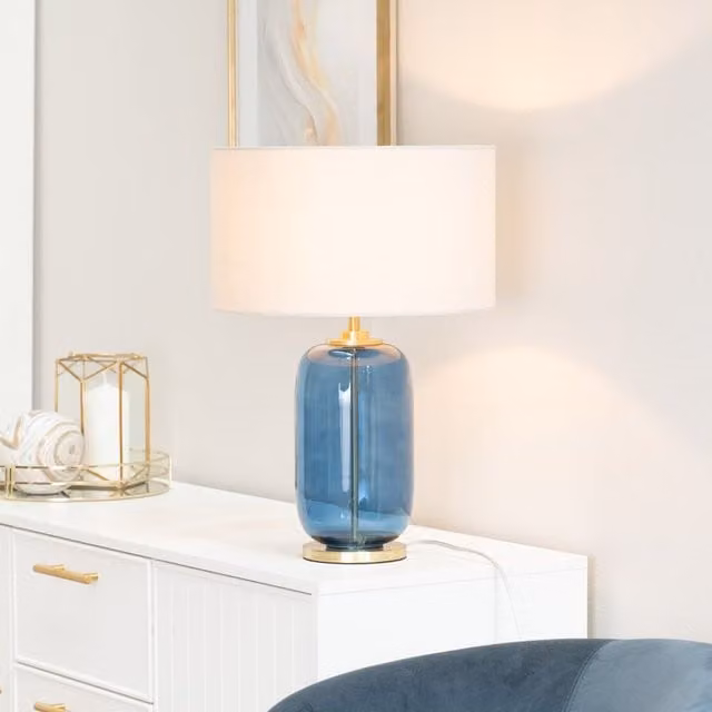 ValueLights Leigh Fabric Drum Shade Table Lamp with Navy Blue Glass and Gold Trim, including Bulb, White/Blue/Gold