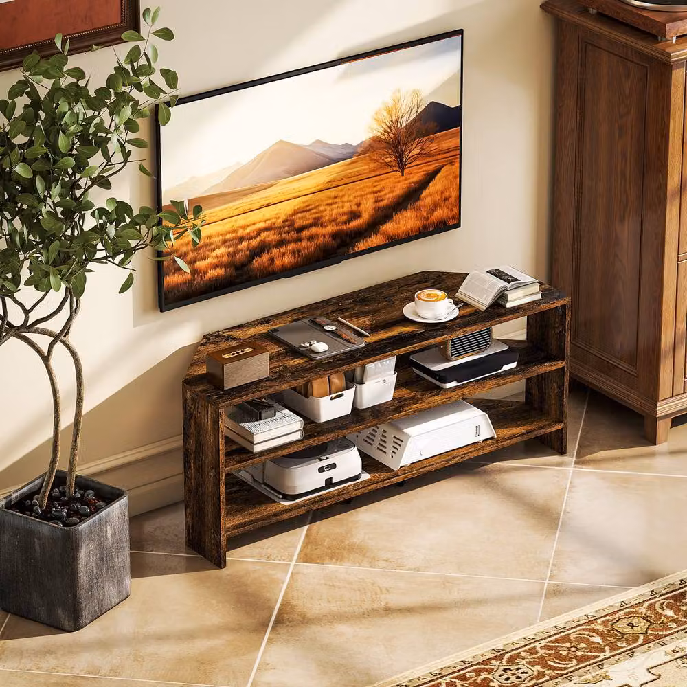 STILVORA Modern Corner TV Stand in Dark Brown with 2 Open Shelves for 47 Inch TVs – 2