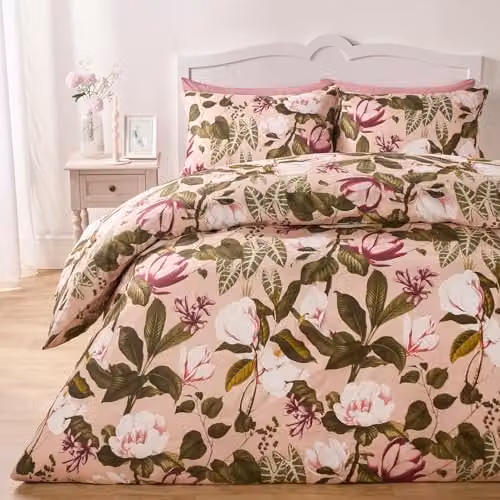 OHS Reversible Floral Microfibre Double Duvet Cover Set with Matching Pillowcases in Pink, W/D/H: 200 x 200 cm