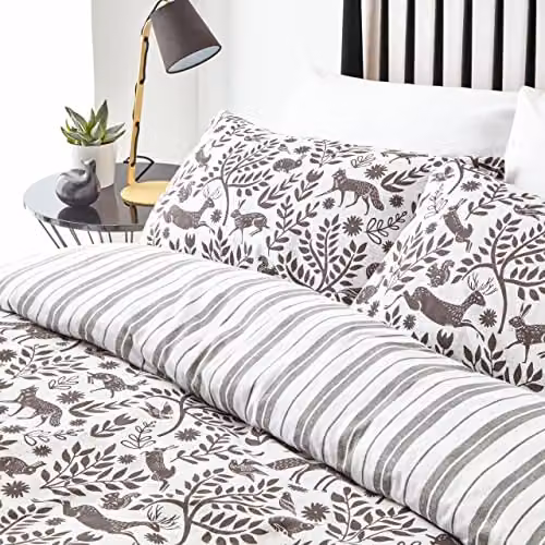 Riva Home Skandi Woodland Reversible Striped Scandinavian Forest Animals Brushed Cotton Duvet Cover Set, Anthracite, W: 140 cm, L: 200 cm – 2