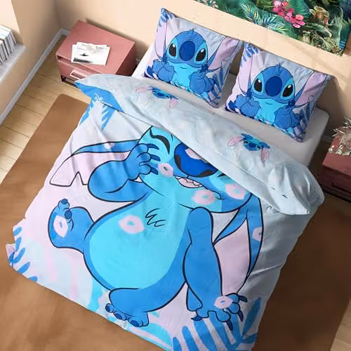 Disney Stitch Blue and Multicolour Duvet Cover and Pillowcase Set for Kids and Teens, W/D/H: 140 x 200 cm and 50 x 75 cm