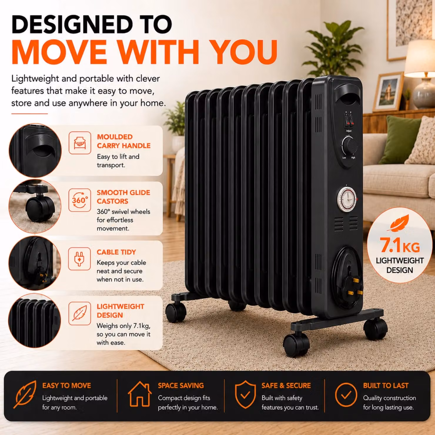 MYLEK 2.5kW Electric Oil Filled Radiator with Adjustable Thermostat and Timer in Black – 4