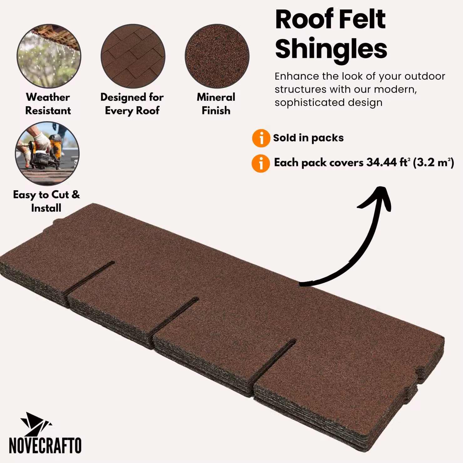 Novecrafto Heavy Duty Bitumen Asphalt Roof Shingles, Brown, 20 Pieces, W: 100 cm, H: 34 cm – 3
