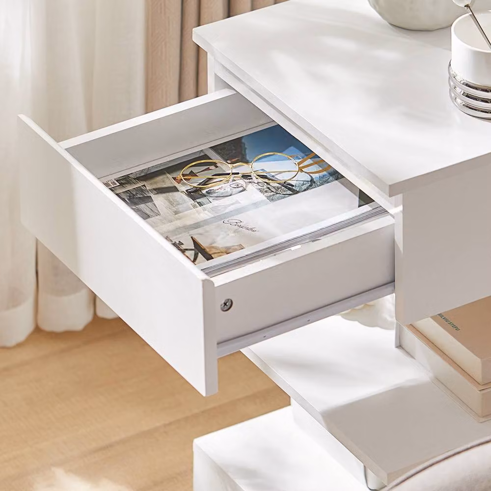 SoBuy Set of 2 Modern Nightstands in White with 1 Drawer and 2 Shelves, Height: 65 cm – 3