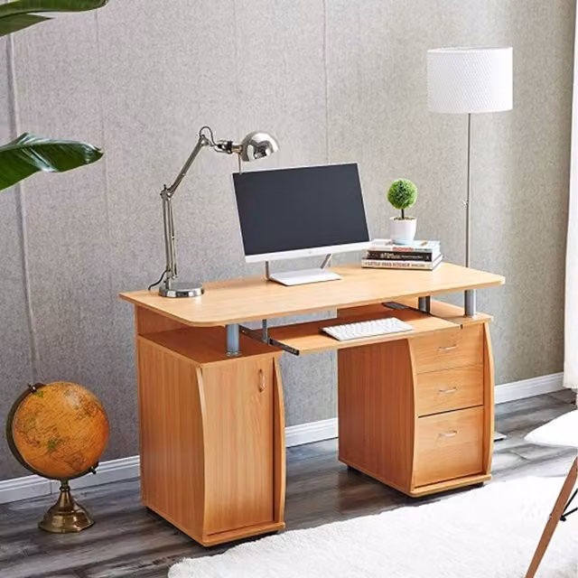 RayGar Wicklow Modern Computer Desk with Cabinet and 3 Drawers in Beech Brown