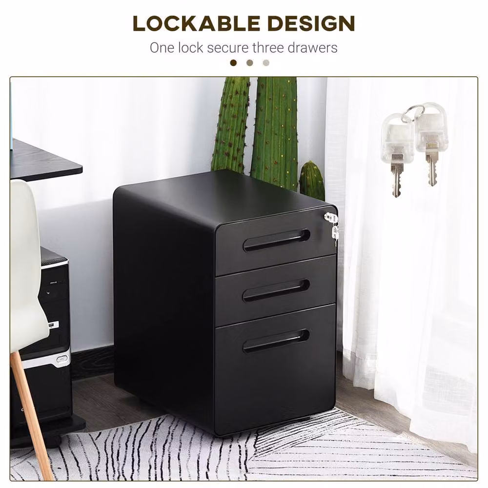 ERGOVEXA Lockable Black Metal File Cabinet with 3 Drawers and Castors, W: 48.0 cm, D: 39.0 cm, H: 59.0 cm – 5