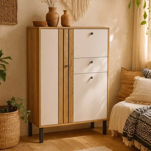 Wyld Haus Pebblethorn Modern 3 Door 1 Drawer Cabinet in Cream and Natural Oak, W/D/H: 131.8 x 42.0 x 88.0 cm