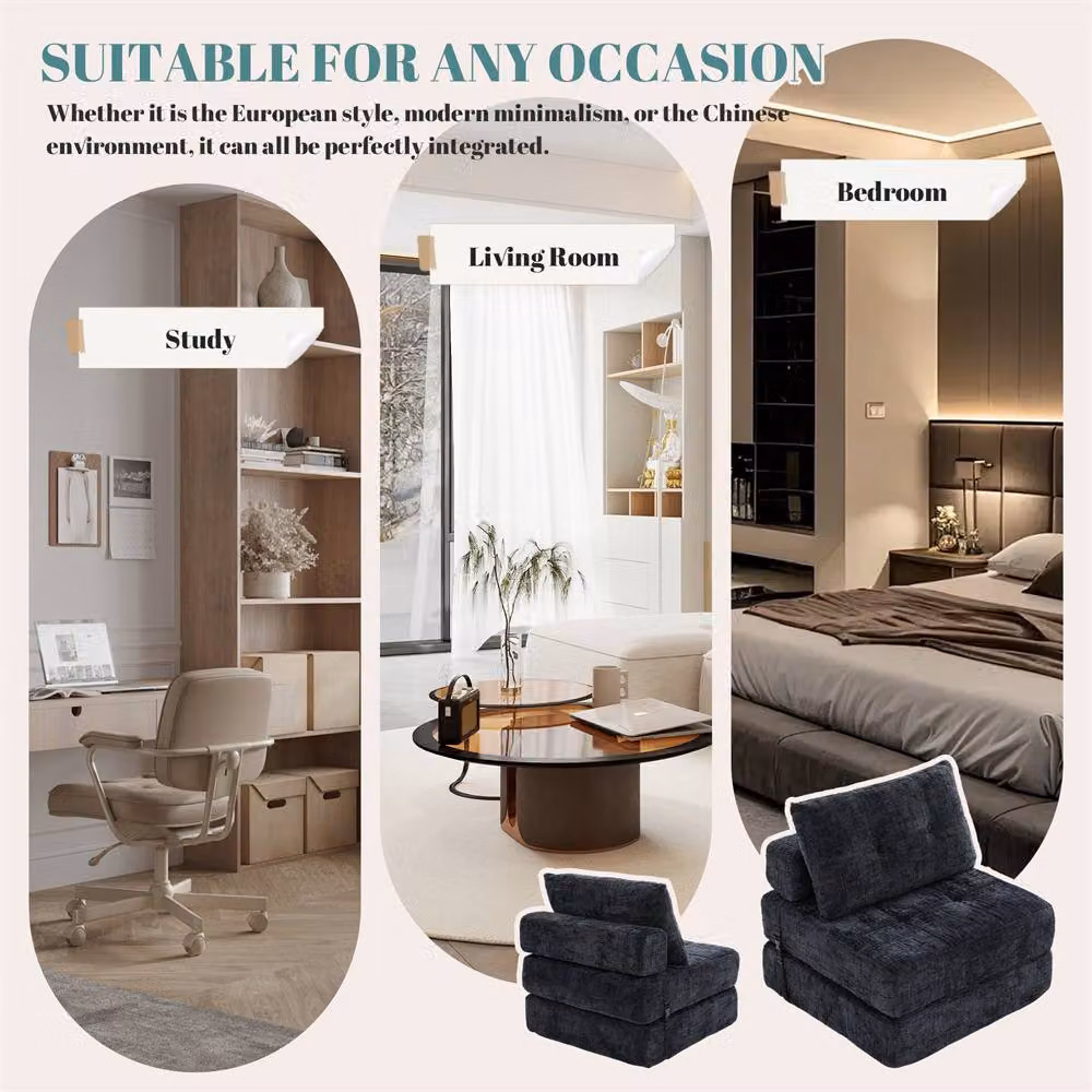 Direct Wicker Black Chenille Tufted Folding Sofa Bed with Pillow and Back Support – 3