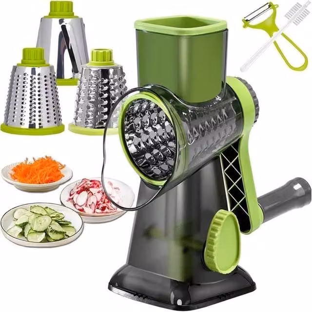 FLAVORA Green Rotary Cheese Grater and Handheld Fruit and Vegetable Slicer with Multiple Blades and Non-Slip Base – 1