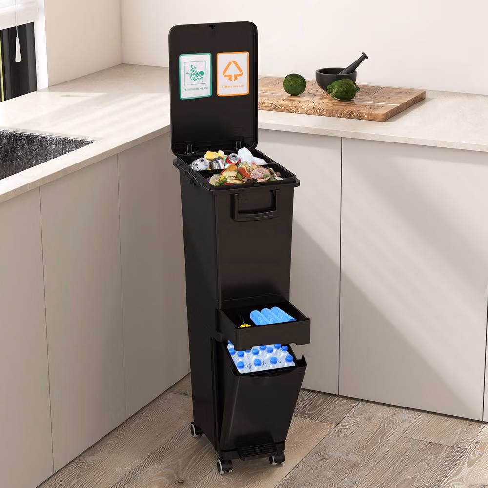Costway Black Plastic Step-on Kitchen Trash Can with Drawer and Removable Inner Bucket – 4