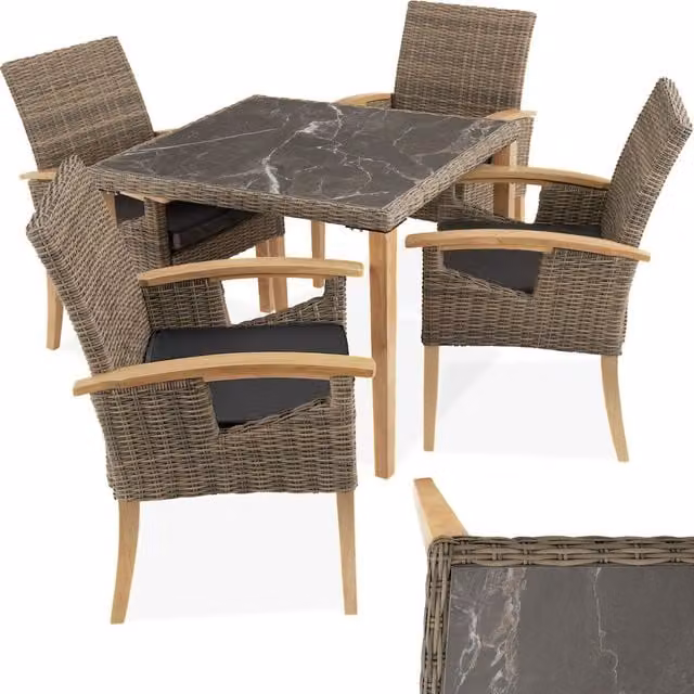 Tectake Tarent Square Garden Table and 4 Rosarno Chairs Set with Ceramic Top in Brown Polyrattan