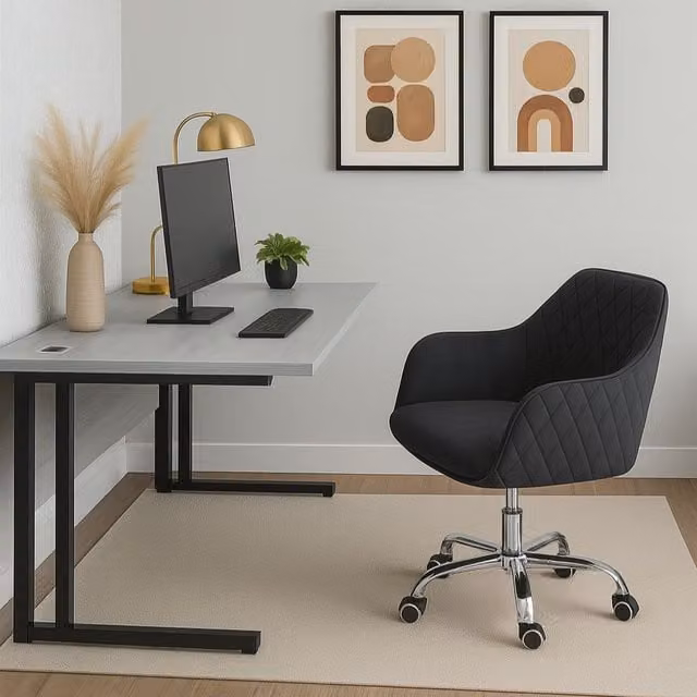 KOSY KOALA Grey Modern Office Desk and Black Upholstered Chair Set with Wood and Metal Construction