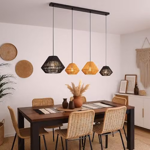 Netlighting Houdini Bar Pendant Light in Black and Beige with Natural Ropes, 4x E27, H 120 x W 103 x D 30 cm – 2