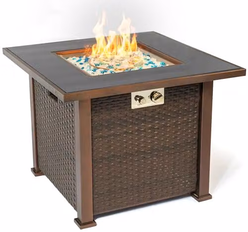 MDA Designs Ostara Stylish Wicker Gas Fire Pit Table with Glass Toptop in Blue, Sand or Brown, W/D/H: 80 x 80 x 62 cm