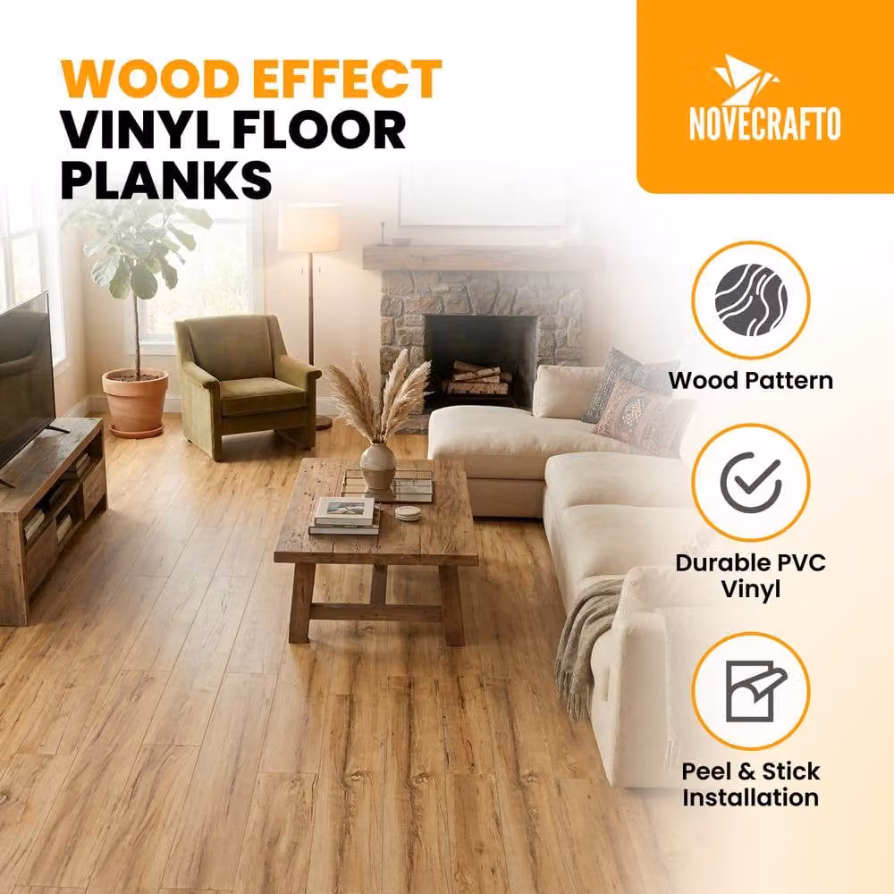 Novecrafto Self Adhesive Wood Look Vinyl Floor Planks, 10 Pieces, Covers 1.39m2, Beige and Brown – 2