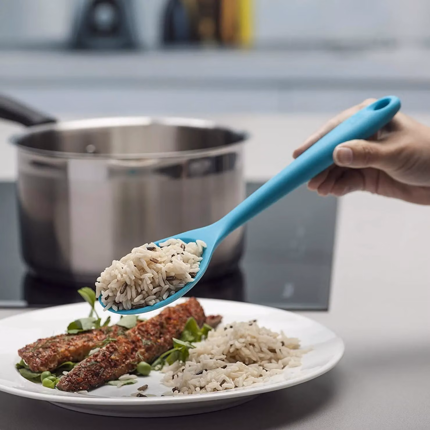 Zeal Non-Scratch Silicone and Nylon Oval Cooking Spoon, Turquoise, 28 cm – 4