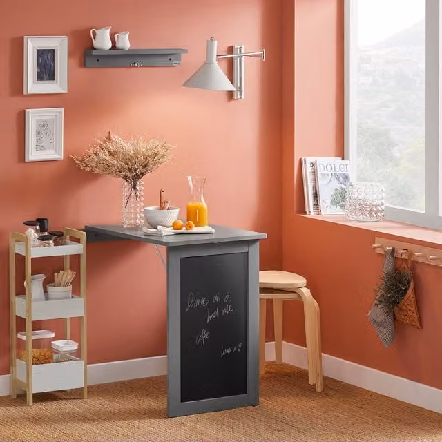 SoBuy Grey Folding Kitchen Dining Table with Chalkboard and Drop Leaf Top
