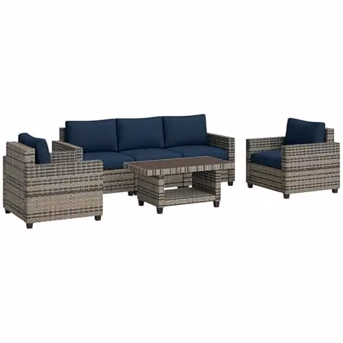 Outsunny 6 Piece Rattan Garden Furniture Set with 5 Seater Upholstered Seating and Coffee Table in Blue