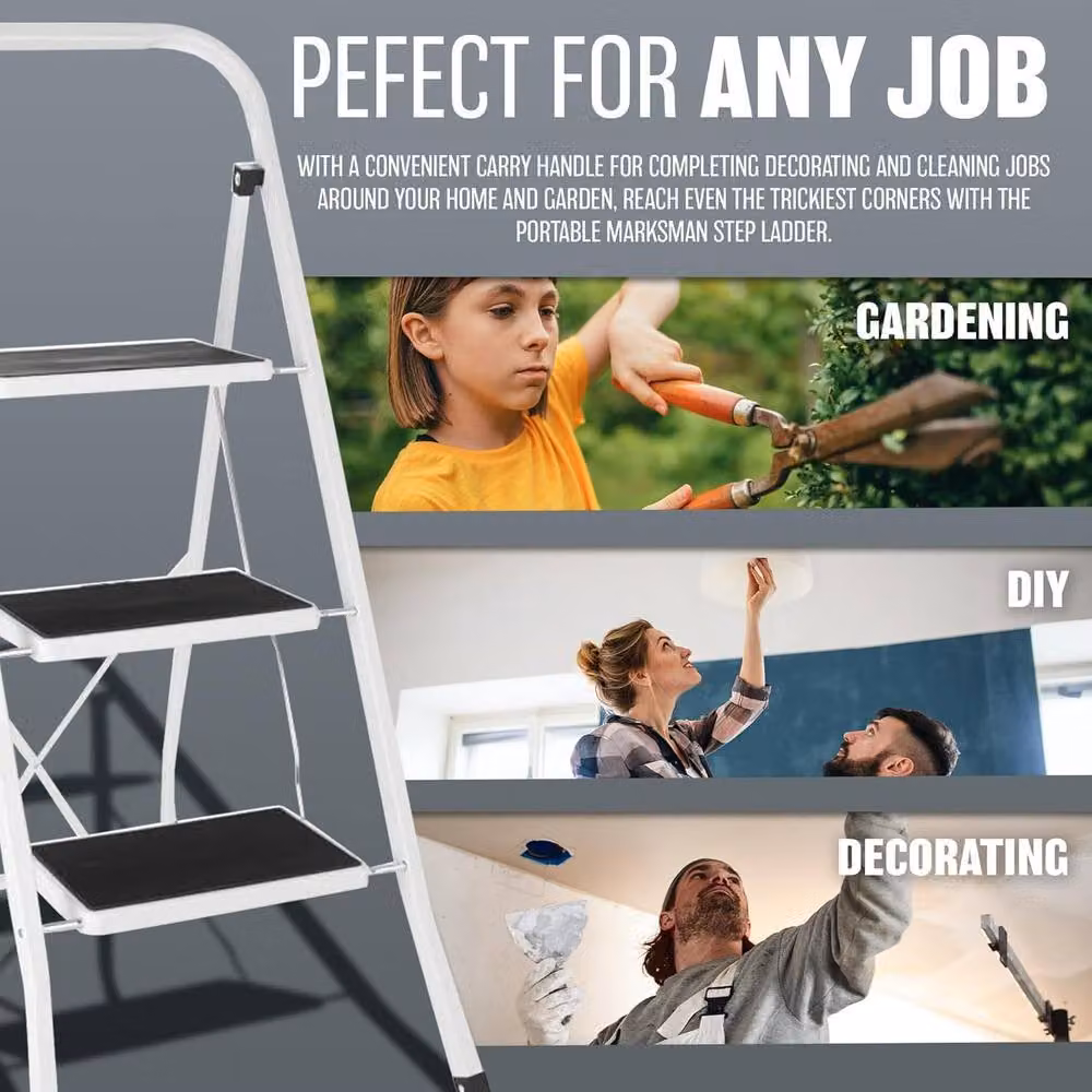 BARGAINS-GALORE 3 Step Foldable Steel Stepladder with Non-Slip Treads in White – 4